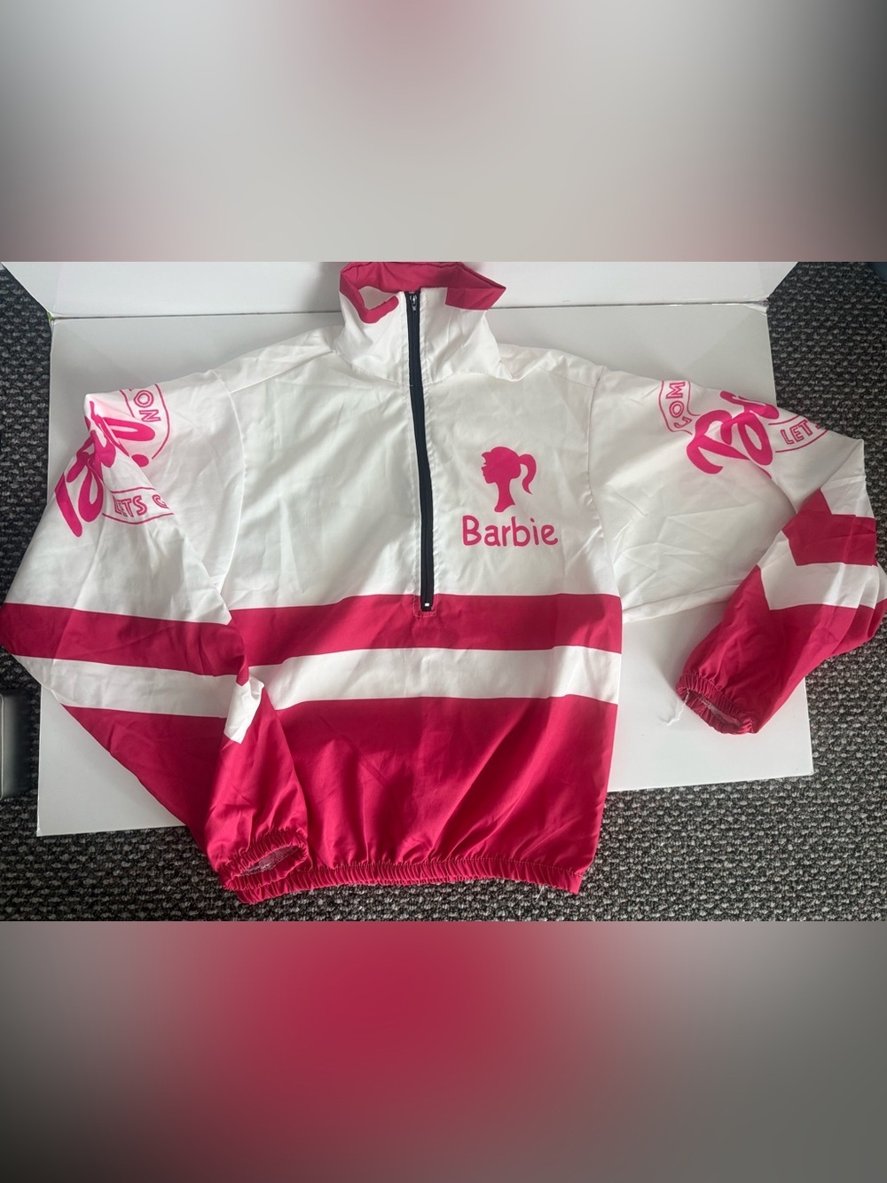 Barbie Let’s Go Party for Girls Jacket Pink White Print Size L Windbreaker